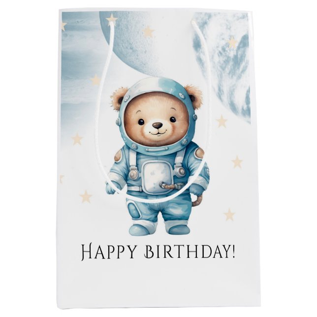 Cute Teddy Bear Astronaut Birthday Party Medium Gift Bag (Front)