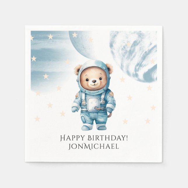 Cute Teddy Bear Astronaut Birthday Party Napkin (Front)