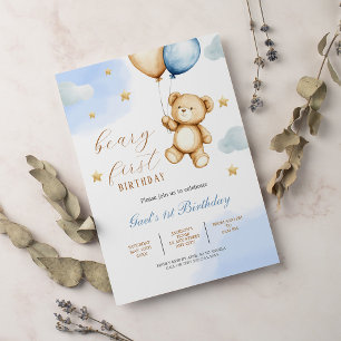 Cute Teddy Bear Baby Beary First Birthday Invitation