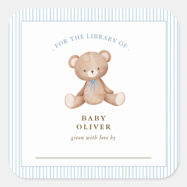 Cute Teddy Bear baby boy Bookplate Square Sticker (Front)
