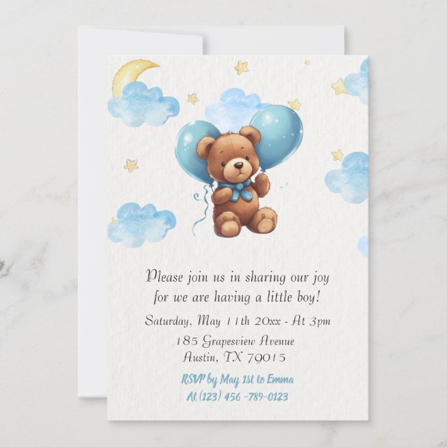 Cute Teddy Bear Baby Boy Invitation (Front)