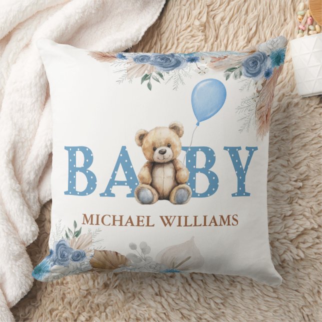 Cute Teddy Bear Baby Boy Nursery Blue Boho Floral Cushion (Blanket)