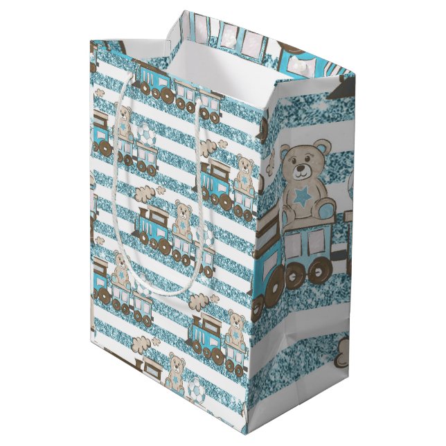Cute teddy bear baby boy shower blue medium gift bag (Back Angled)