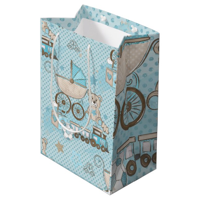 Cute teddy bear baby boy shower blue medium gift bag (Back Angled)