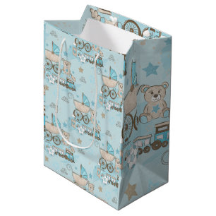 Cute teddy bear baby boy shower blue  medium gift bag