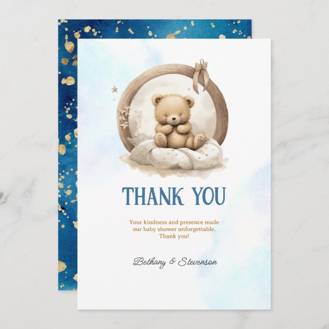 Cute Teddy Bear Baby Boy Shower Thank You Card (Front/Back)