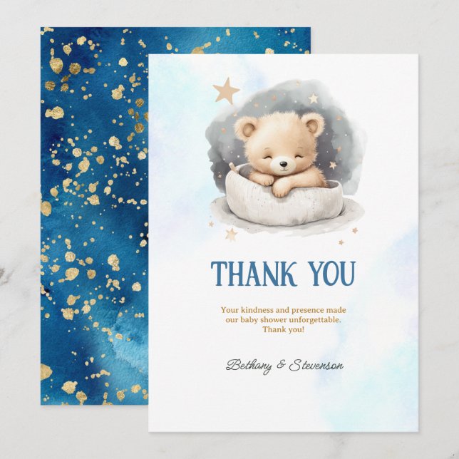 Cute Teddy Bear Baby Boy Shower Thank You Card (Front/Back)