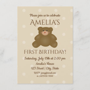 Cute Teddy Bear Baby First Birthday Invitation
