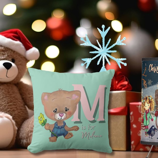 Cute Teddy Bear Baby Pink Teal  Cushion (Cute Teddy Bear Baby Pink Teal Throw Pillow)