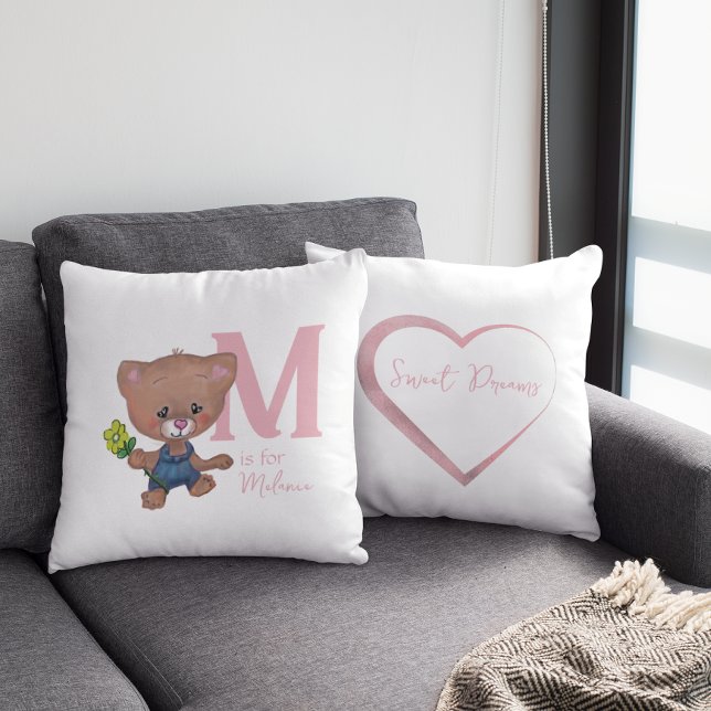Cute Teddy Bear Baby Pink White Cushion (Cute Teddy bear white flower Throw Pillow)