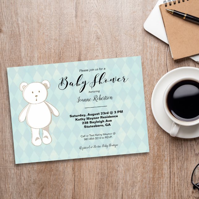 Cute Teddy Bear Baby Shower | Aqua Blue Argyle (Creator Uploaded)