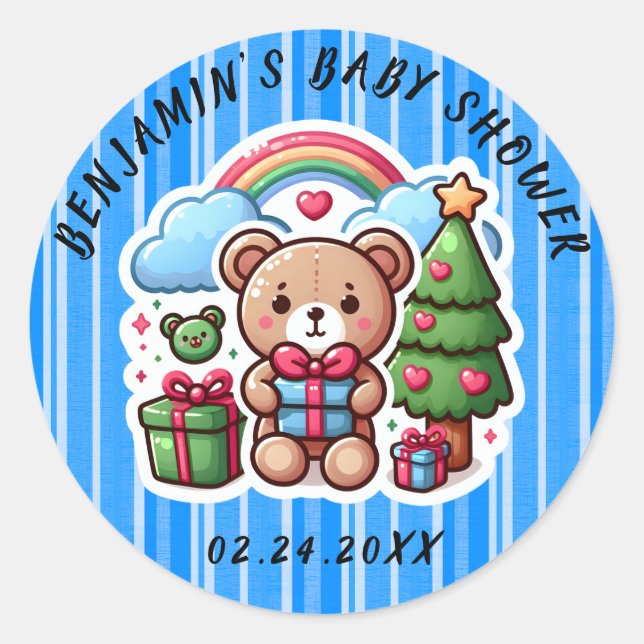 Cute Teddy Bear Baby Shower Classic Round Sticker (Front)