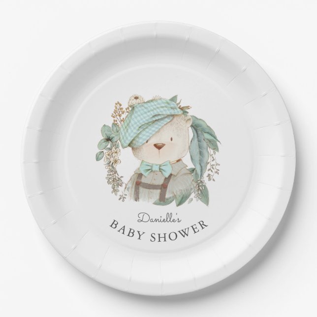 Cute Teddy Bear Baby Shower for Boy Paper Plate (Front)