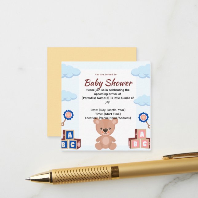 Cute Teddy Bear Baby Shower Invitation (Front/Back In Situ)