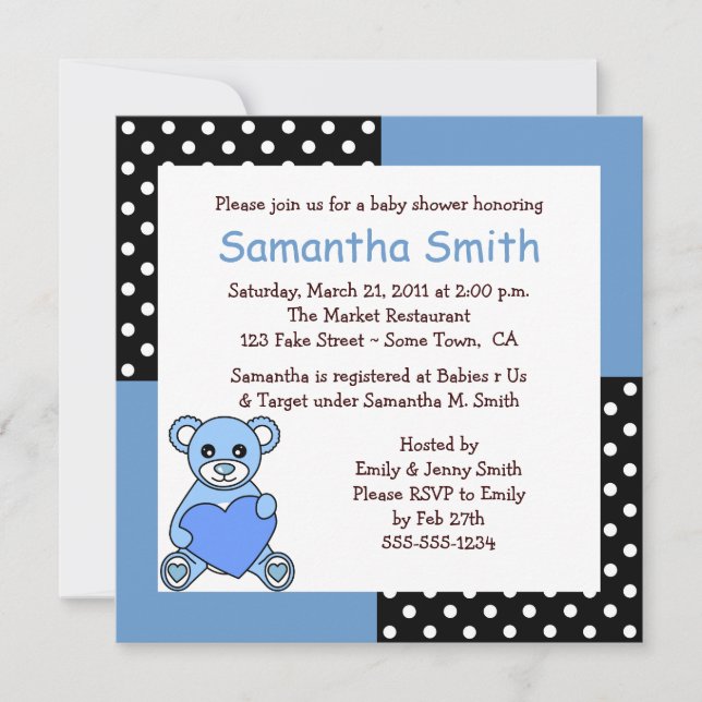 Cute Teddy Bear Baby Shower Invitation Blue Black (Front)