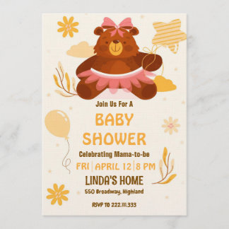 Cute Teddy Bear Baby Shower Invitation for Girl