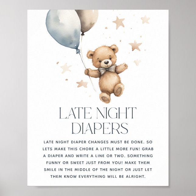 Cute Teddy Bear Baby Shower 'Late Night Diaper' Poster (Front)