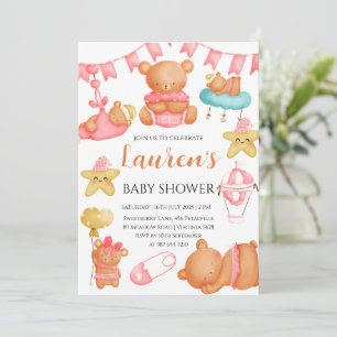 Cute Teddy Bear Baby Shower Pink Girl  Invitation