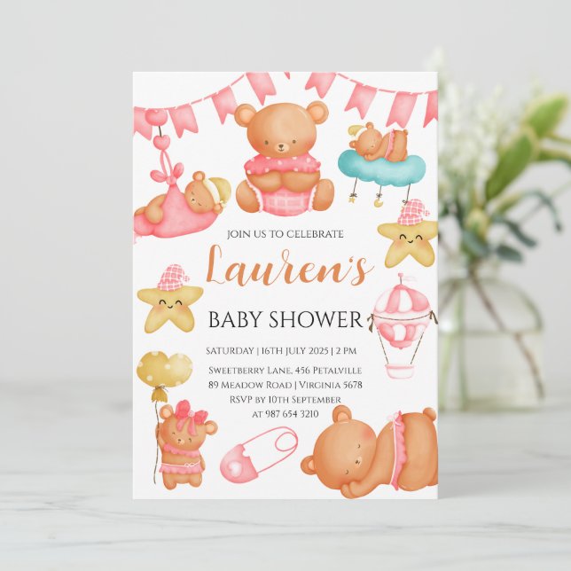 Cute Teddy Bear Baby Shower Pink Girl  Invitation (Standing Front)