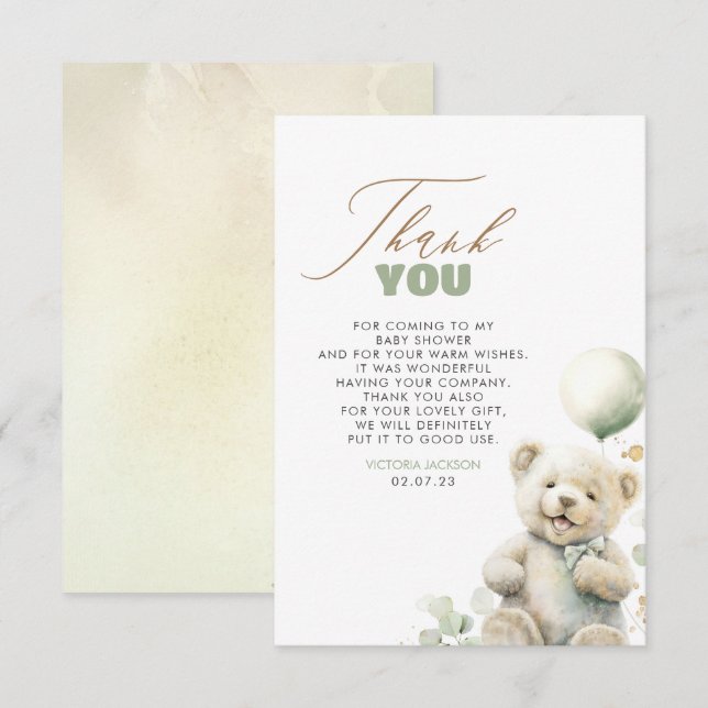 Cute Teddy Bear Baby Shower Thank You Card (Front/Back)