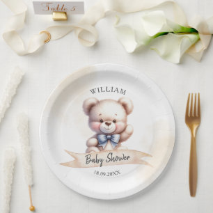 Cute Teddy Bear Baby Shower Watercolor Elegant Paper Plate