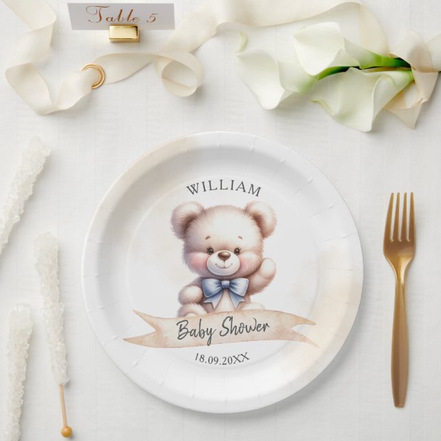 Cute Teddy Bear Baby Shower Watercolor Elegant Paper Plate (Wedding)