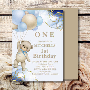 Cute Teddy Bear Balloon Abstract Blue Gold  Invitation