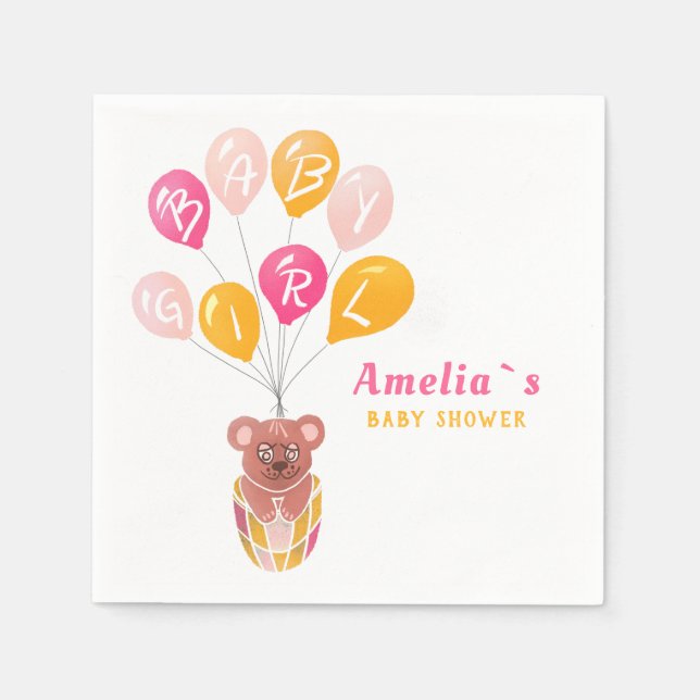 Cute Teddy Bear Balloon Baby Girl Baby Shower Napkin (Front)