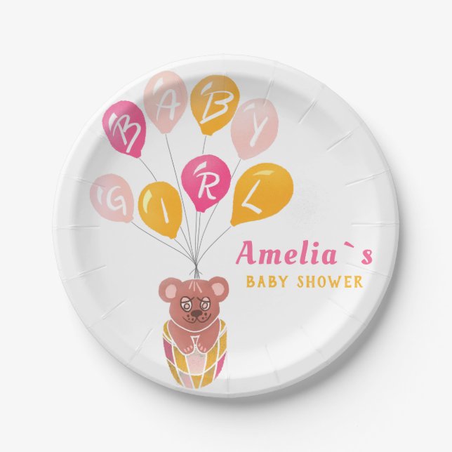 Cute Teddy Bear Balloon Baby Girl Baby Shower Paper Plate (Front)
