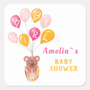 Cute Teddy Bear Balloon Baby Girl Baby Shower Square Sticker