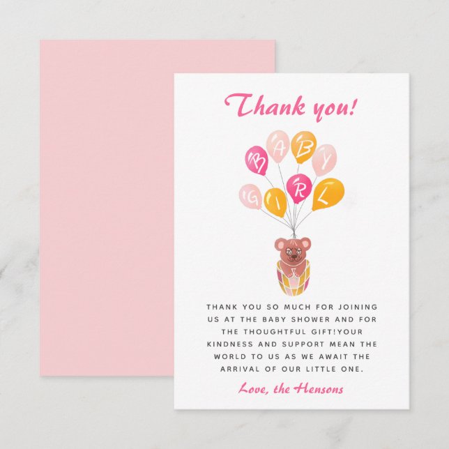Cute Teddy Bear Balloon Baby Shower Thank you Card (Front/Back)