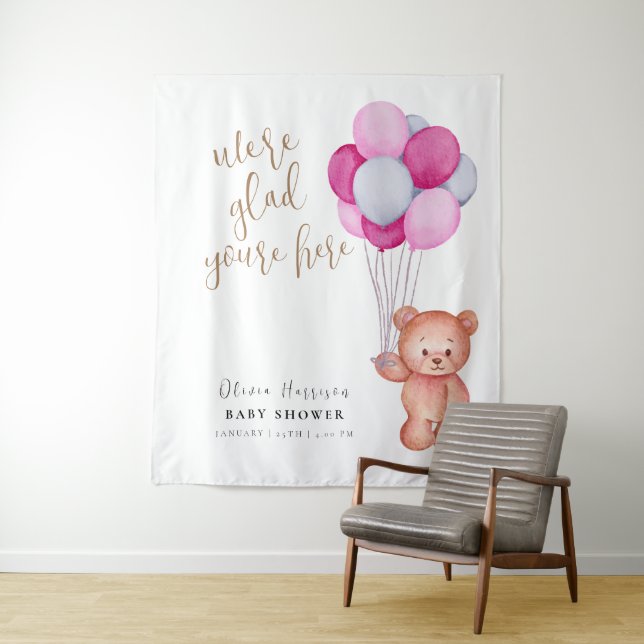Cute Teddy Bear Balloon Baby Shower Welcome Sign Tapestry (In Situ)