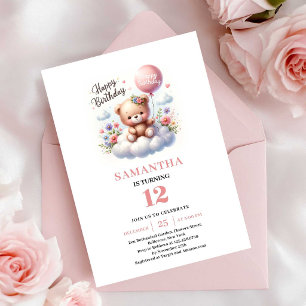 Cute teddy bear balloon flowers girl birthday invitation