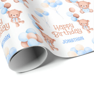 Cute Teddy Bear Balloon Kids Birthday Wrapping Paper