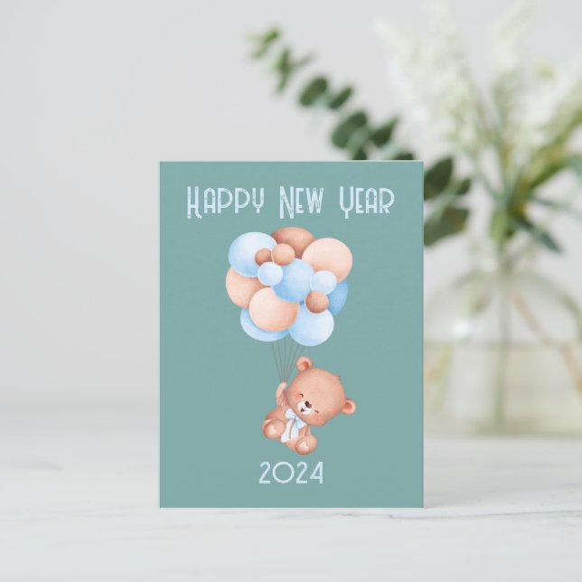 Cute Teddy Bear Balloon New Year Grey Green Postcard (Standing Front)
