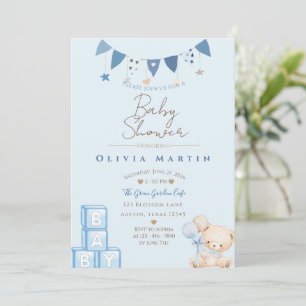 Cute Teddy Bear & Balloons Baby Shower Invitation