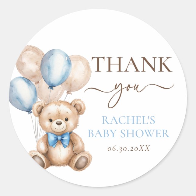 Cute Teddy Bear Balloons | Blue Boy Baby Shower Classic Round Sticker (Front)