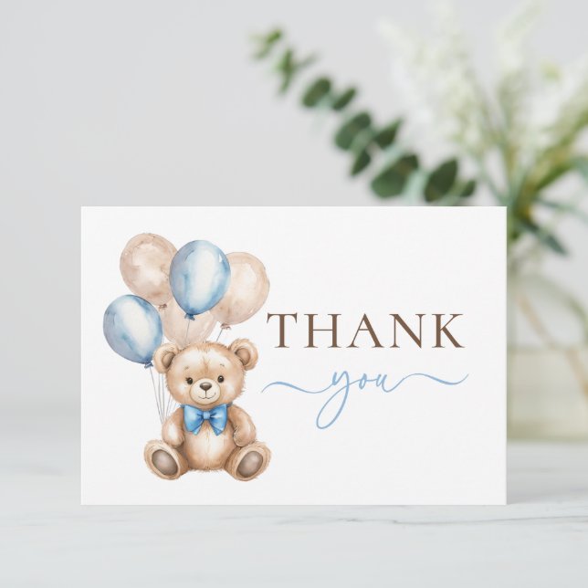 Cute Teddy Bear Balloons | Blue Boy Baby Shower Thank You Card (Standing Front)