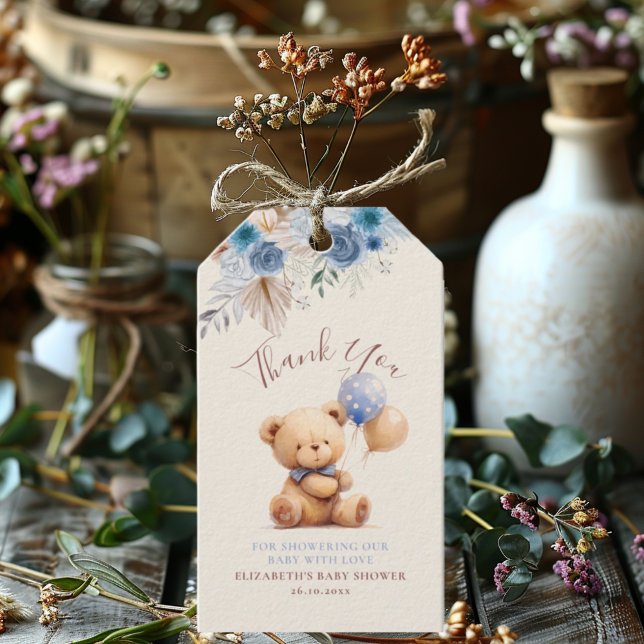 Cute Teddy Bear Balloons Boho Blue Rose Floral  Gift Tags (Creator Uploaded)