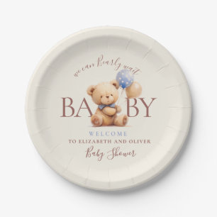 Cute Teddy Bear Balloons Boho Blue Rose Floral Paper Plate