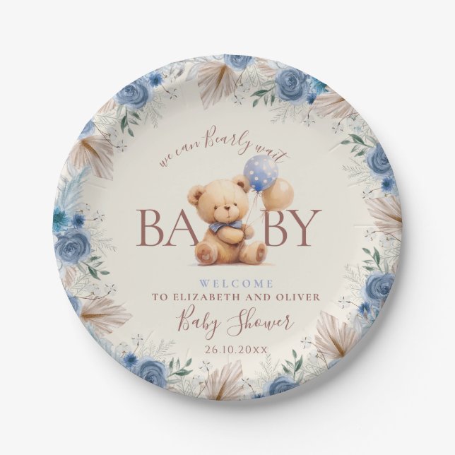 Cute Teddy Bear Balloons Boho Blue Rose Flower Paper Plate (Front)