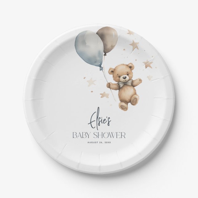 Cute Teddy Bear & Balloons Boy Baby Shower Paper Plate (Front)