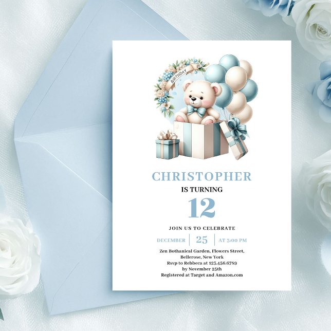Cute teddy bear balloons boy birthday invitation (Cute teddy bear balloon boy birthday invitation)