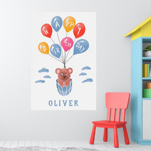 Cute Teddy Bear Balloons Boy Birthday Party Poster