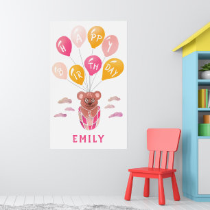 Cute Teddy Bear Balloons Girl Birthday Party  Poster