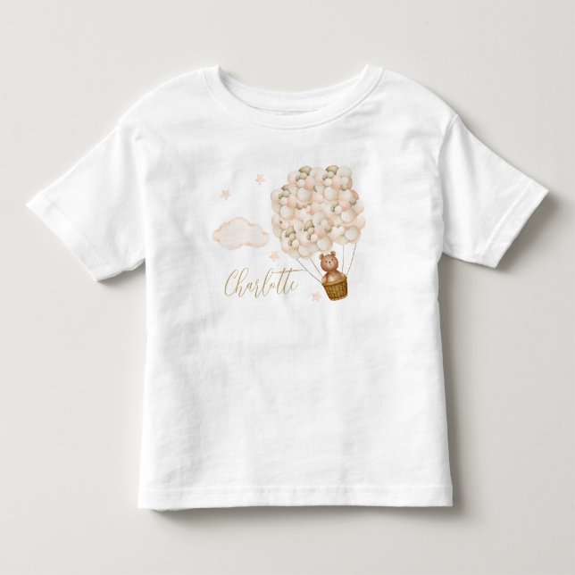 Cute Teddy Bear Balloons Gold Script Toddler T-Shirt (Front)