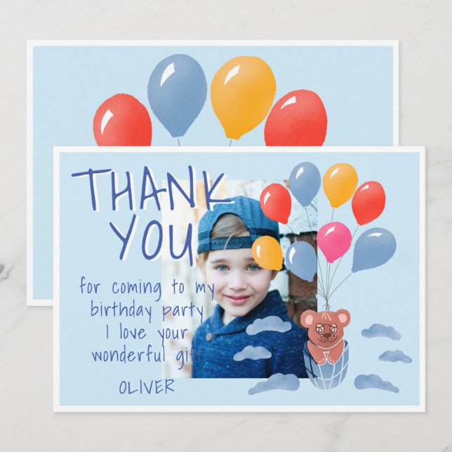 Cute Teddy Bear Balloons Kids Birthday Photo Thank You Card (Front/Back)