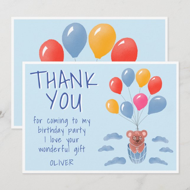 Cute Teddy Bear Balloons Kids Birthday Thank You Card (Front/Back)