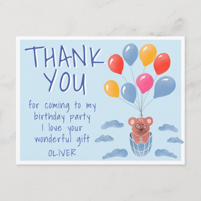 Cute Teddy Bear Balloons Kids Birthday Thank you  Postcard (Front)