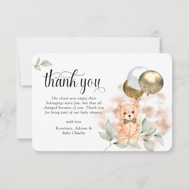 Cute Teddy Bear & Balloons Neutral Baby Shower Thank You Card (Front)
